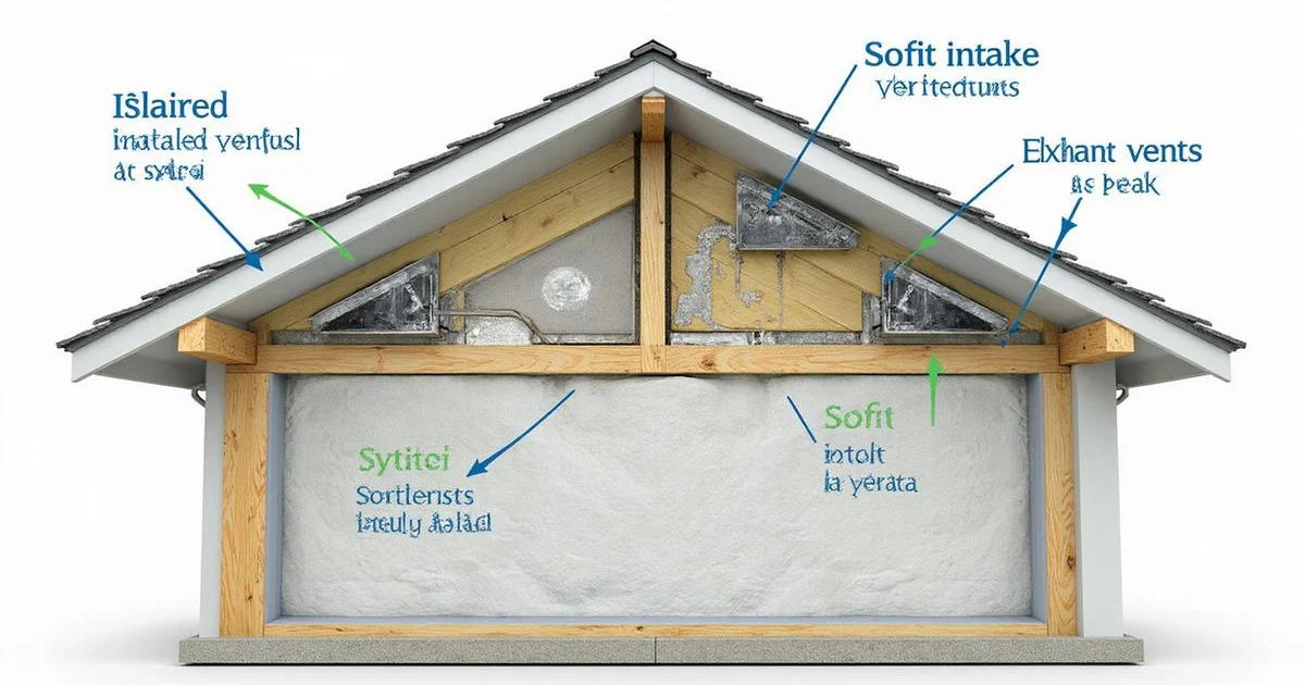 Cutaway diagram of a residential roof showing a balanced ventilation system with soffit and ridge vents