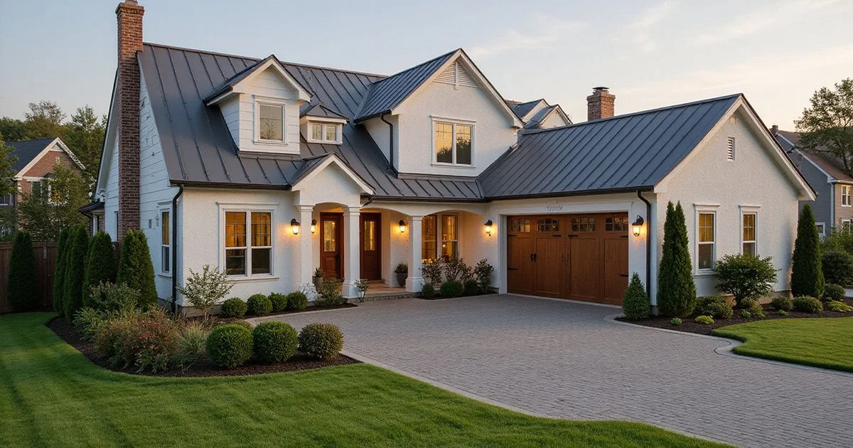 Elegant metal roof on an upscale residential home demonstrating the aesthetic appeal of modern metal roofing
