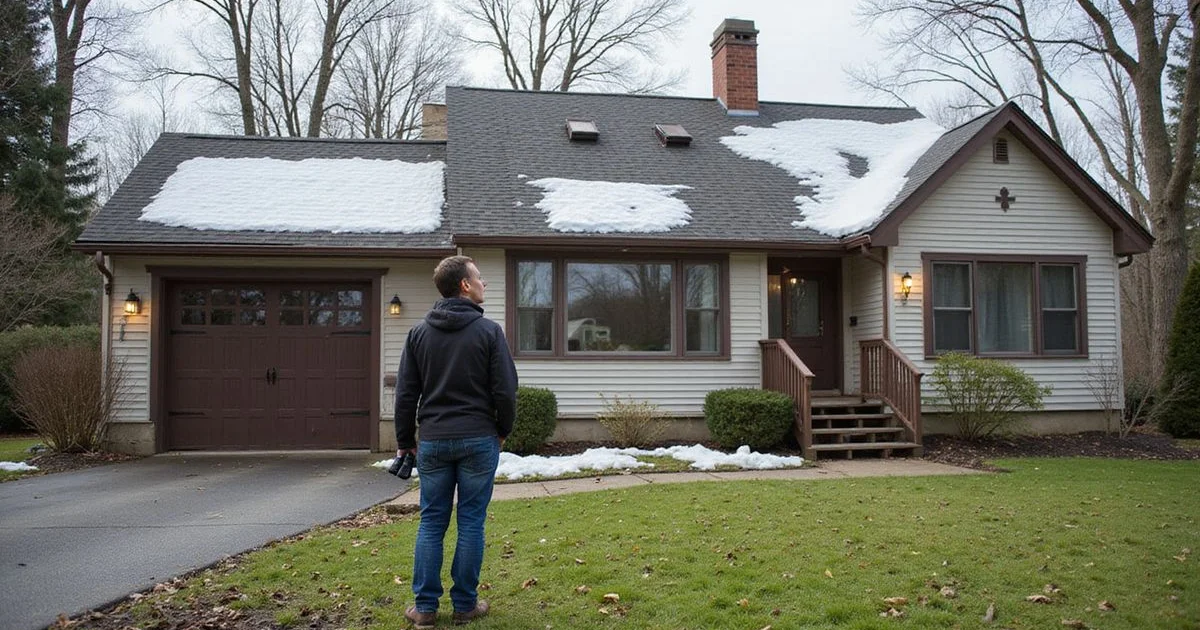 Homeowner inspecting residential roof in early spring with melting snow and emerging green grass
