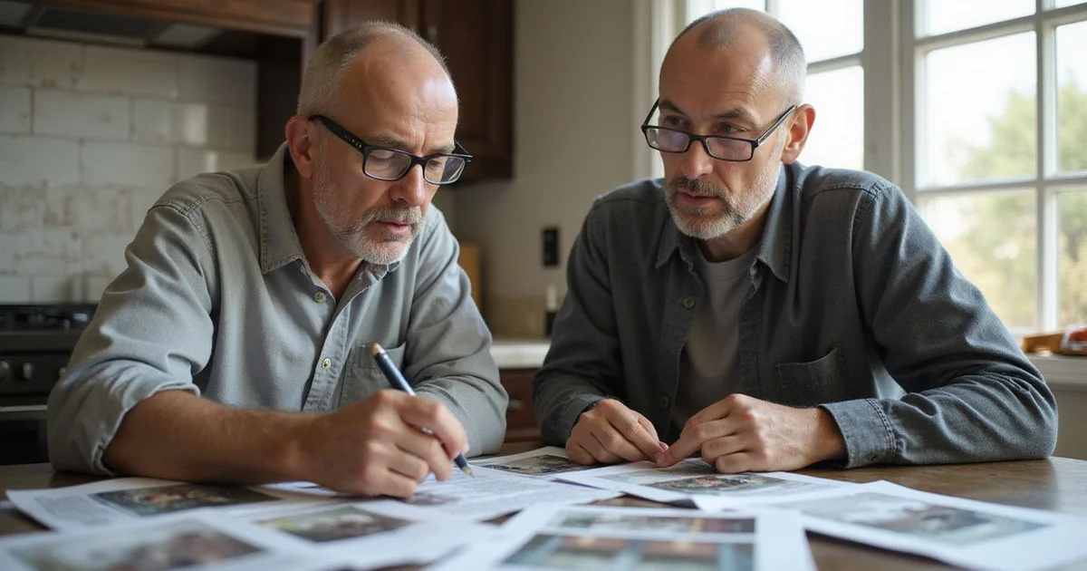 Homeowner reviewing insurance documents and storm damage photos with a roofing contractor