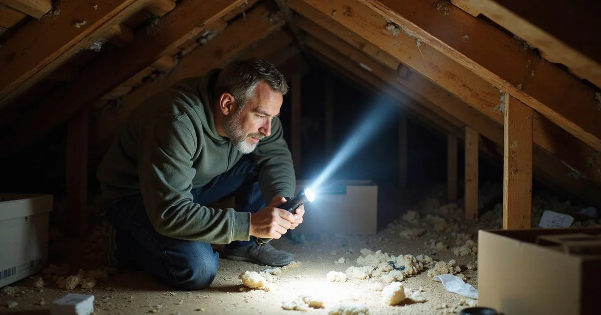 Homeowner using a flashlight to inspect attic for signs of roof leak and water damage