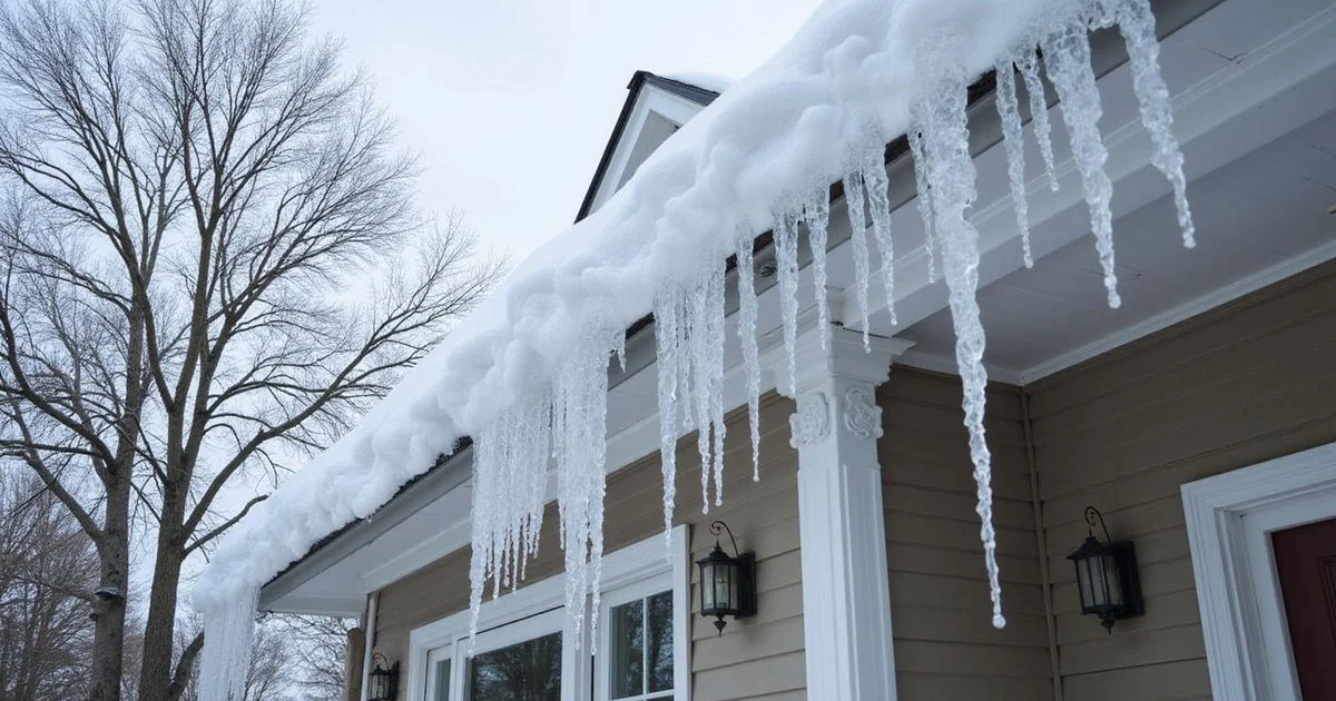 Large ice dam formation with massive icicles along residential roof eaves in Saratoga Springs