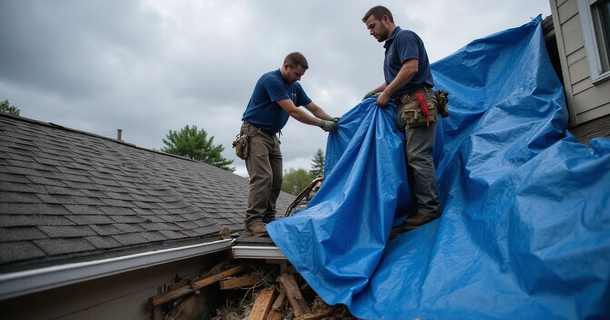 Rooferly emergency crew installing a protective tarp over a damaged roof section
