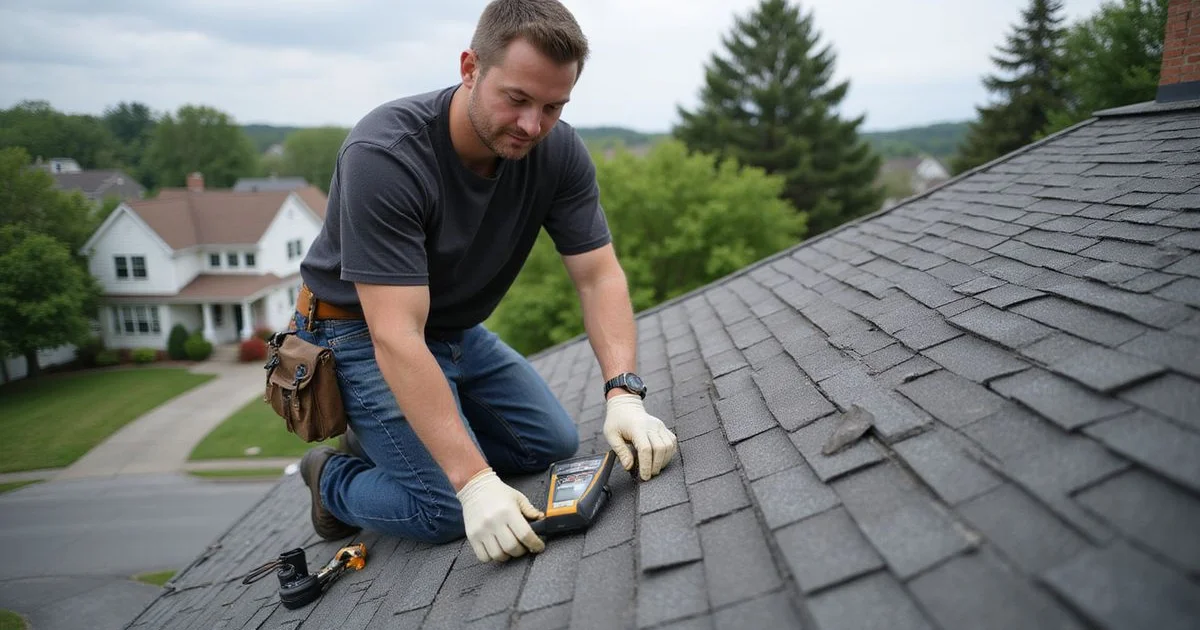 Rooferly technician systematically locating a hidden roof leak on a Saratoga Springs home