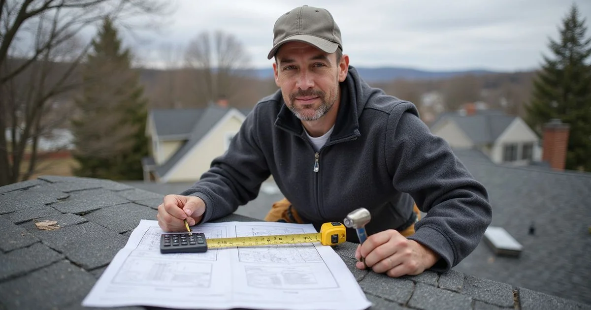 Roofing contractor estimating materials and costs for a residential roof replacement project