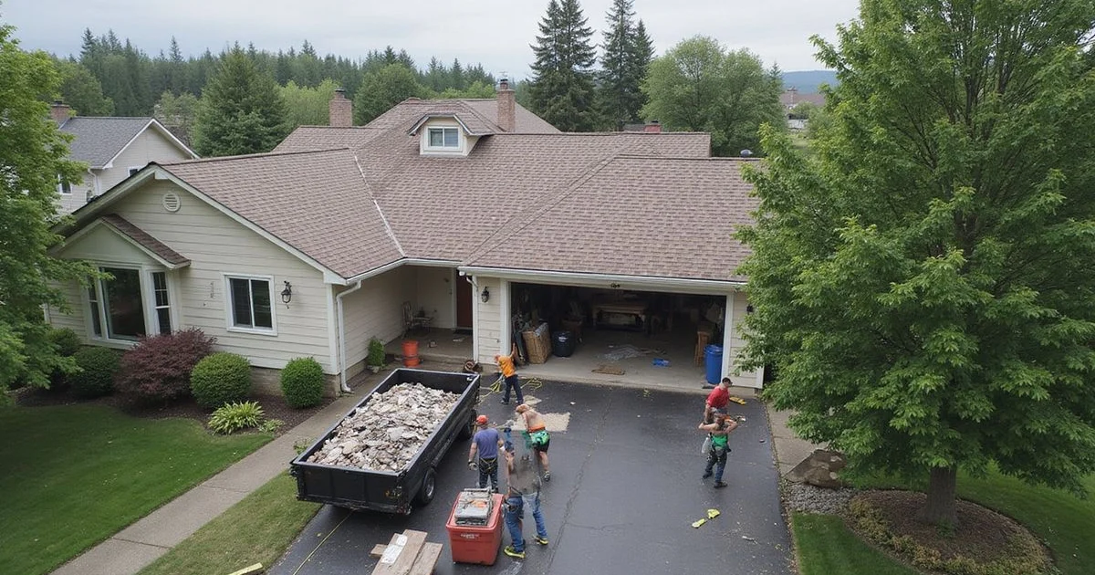 Roofing crew working on a residential roof replacement with materials and equipment on site