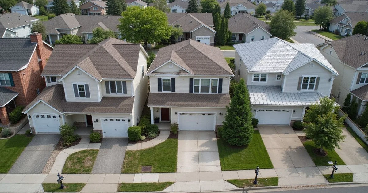 Row of homes with different roofing materials including asphalt shingles, metal, and slate