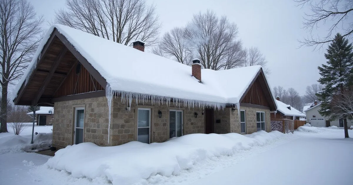Snow-covered residential roof in Saratoga Springs with heavy snow accumulation and icicle formation