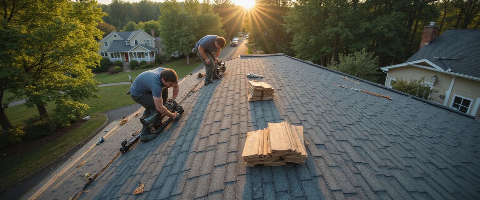 Professional roofing team working on a residential roof replacement in Saratoga Springs, NY